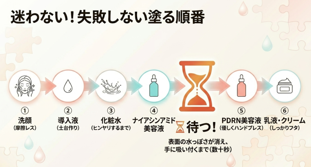 基本の順番：さらっとしたものから先に。私はこう重ねています