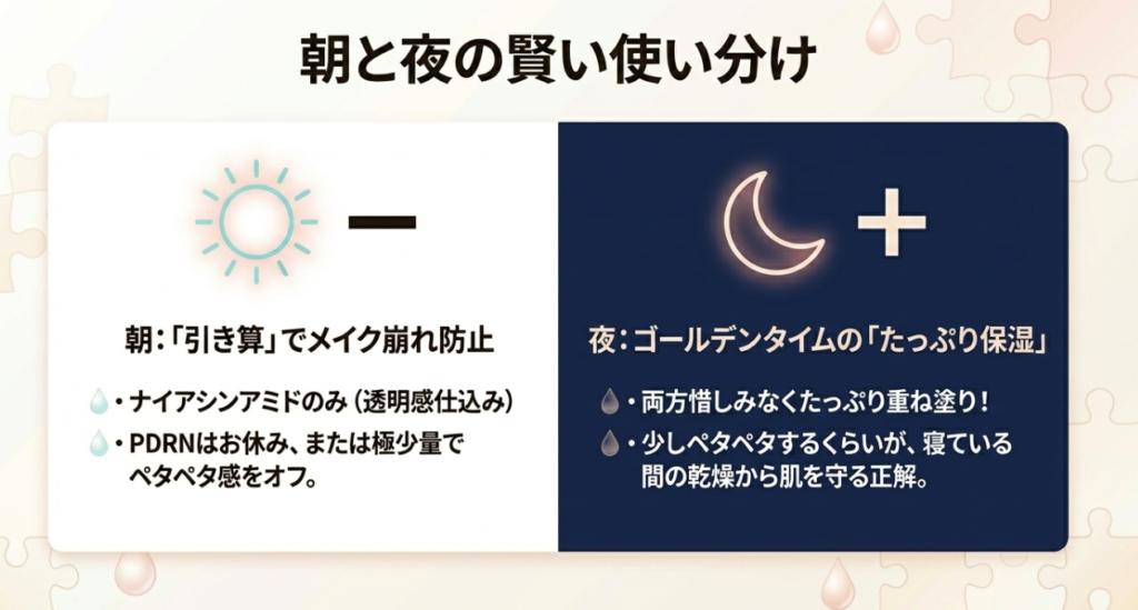 基本の順番：さらっとしたものから先に。私はこう重ねています