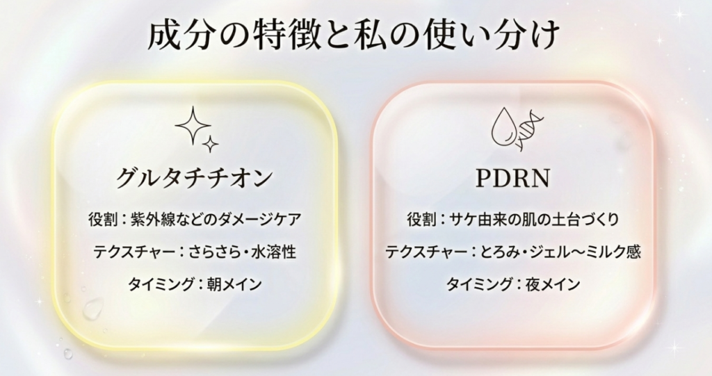 グルタチオンの「透明感※」と
PDRNの「もっちり感」のいいとこ取り