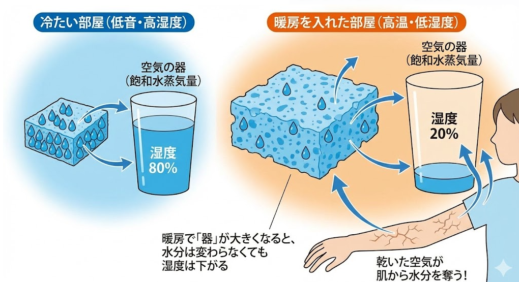 温度が上がると湿度が下がる物理的な仕組み