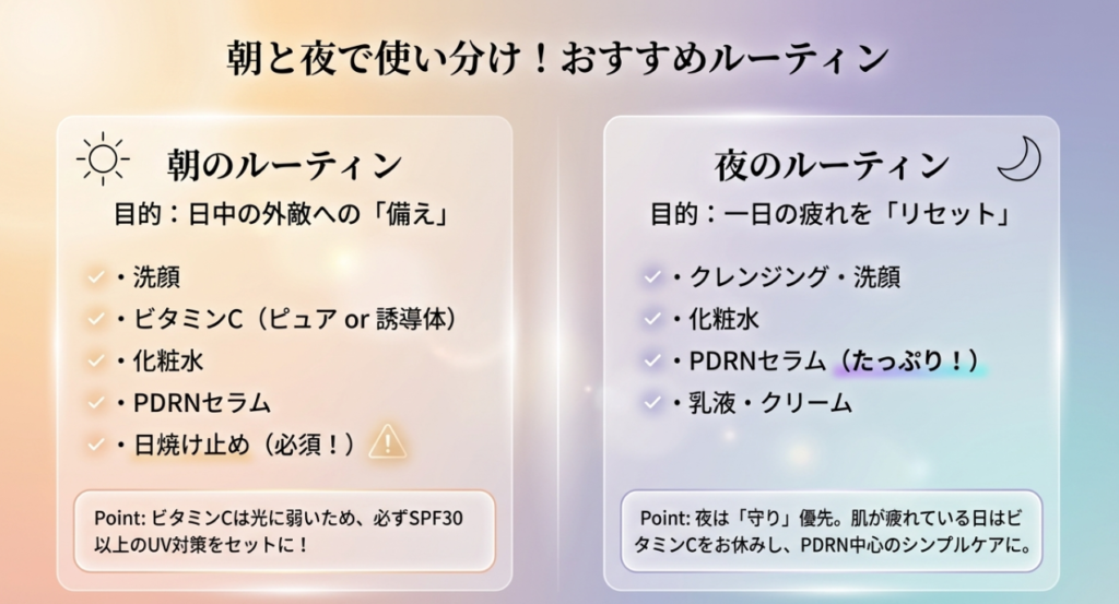 朝と夜で使い分け！
PDRN×ビタミンCの
おすすめスキンケアルーティン